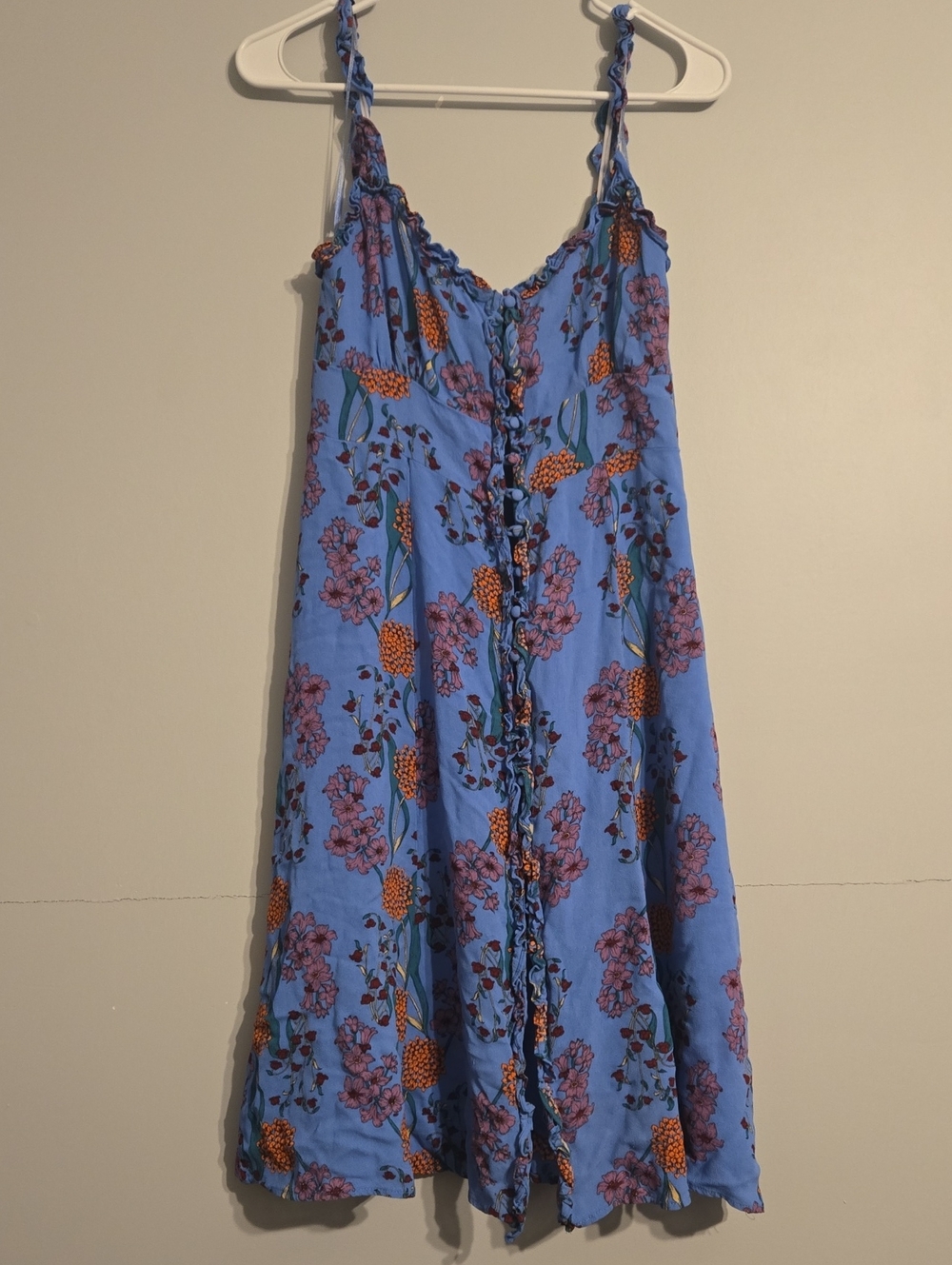 Astr The Label Blue Floral Ruffled-Strap Midi Button Front Dress, Medium